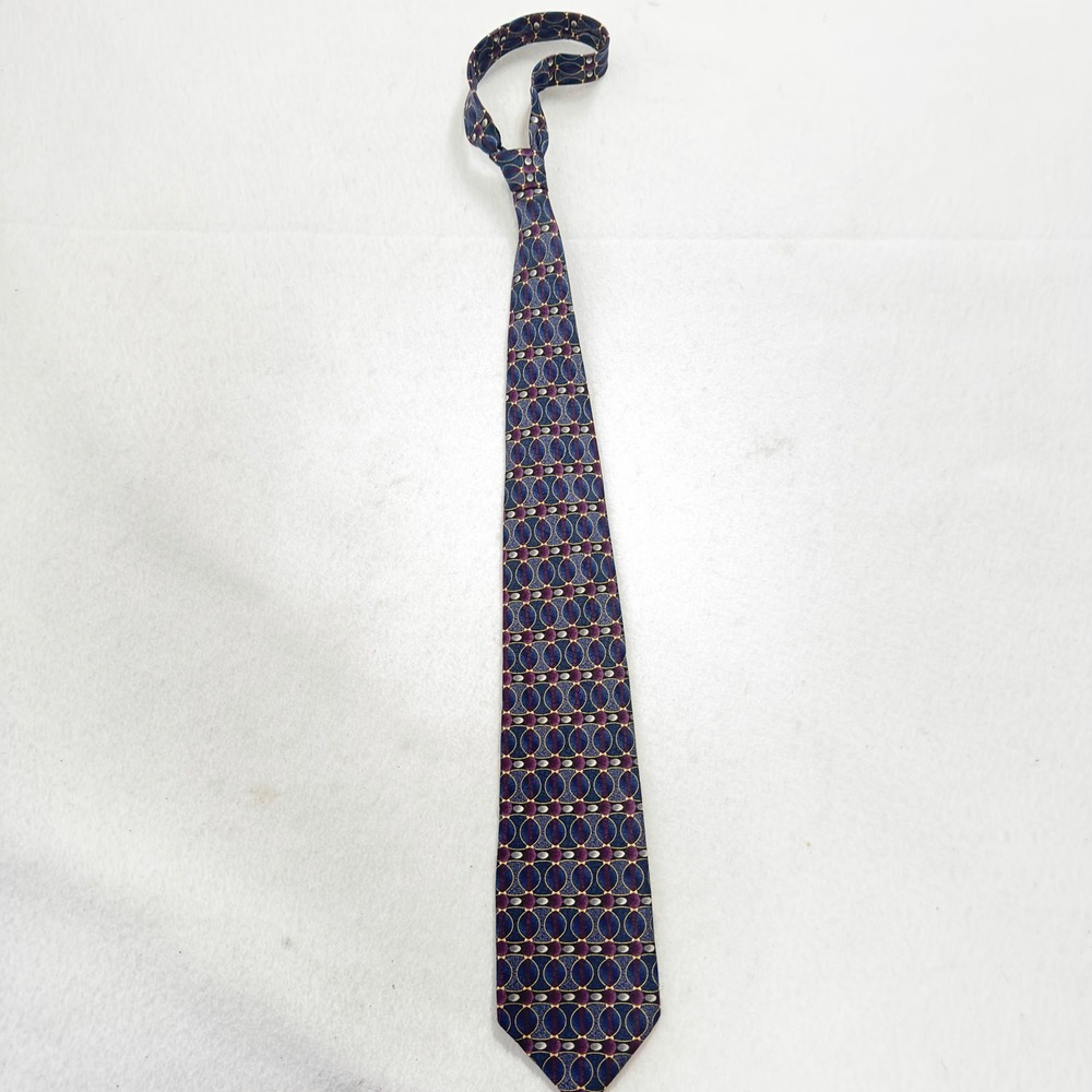 Pavia Italy Mens Silk Necktie Navy Blue Purple Gold Geometric Circle Pattern Tie